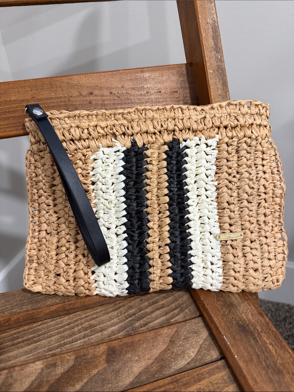 Charlie Paige Woven Raffia Wristlet Clutch Tan Black White Stripe Summer Beach